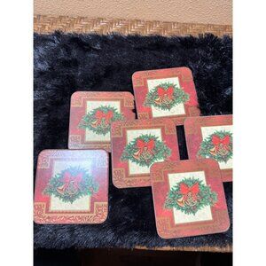 Pimpernel Christmas Coasters With Festive Wreath & Bells Design Set Of 6